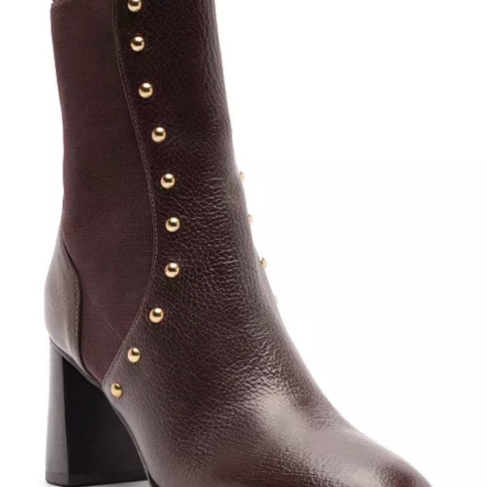 Women’s Chocolate Brown Leather Studded Block-Heel Ankle Boot